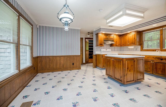 kitchen featuring wooden walls, plenty of natural light, a kitchen island, and pendant lighting