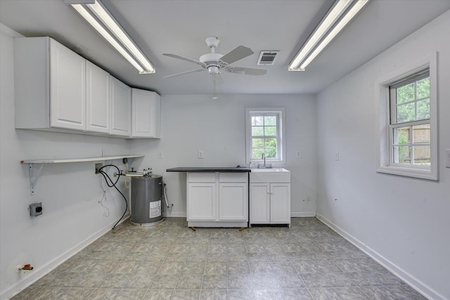 washroom featuring cabinets, electric water heater, ceiling fan, electric dryer hookup, and sink