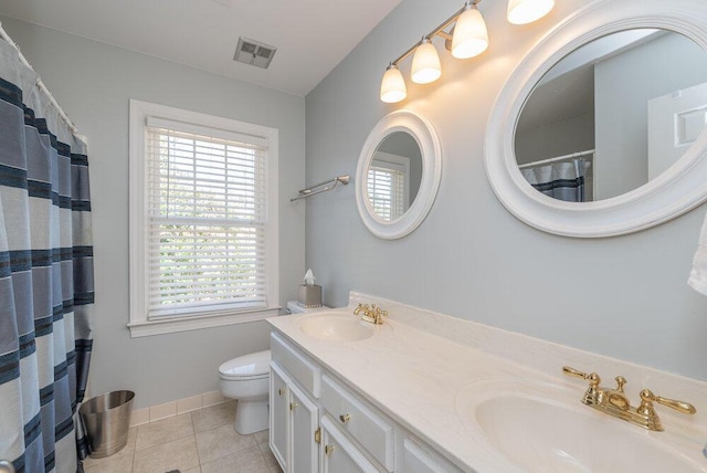 bathroom with tile patterned flooring, toilet, visible vents, and a sink