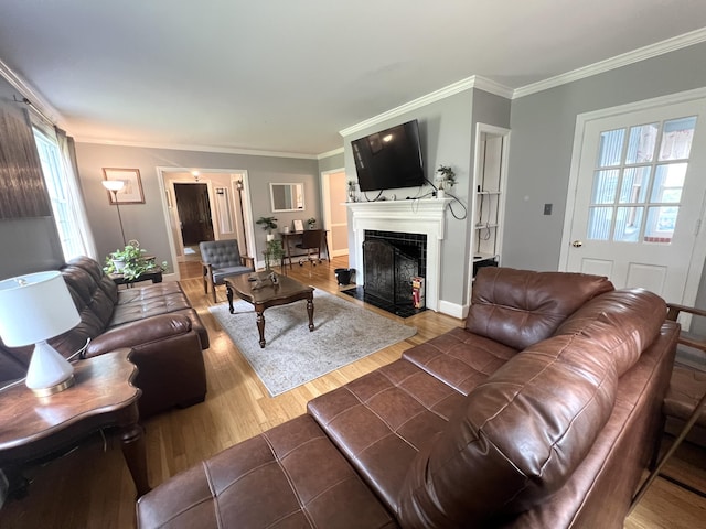 living room featuring hardwood / wood-style flooring, ornamental molding, and a wealth of natural light