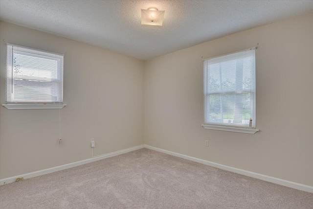 spare room featuring light carpet and a textured ceiling