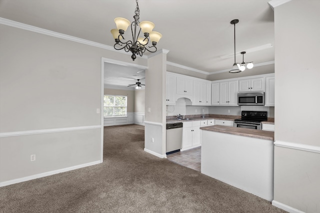 2807 Brickrun Way, Augusta, GA 30909 - kitchen with stainless steel appliances, carpet, a chandelier, ornamental molding, and white cabinetry
