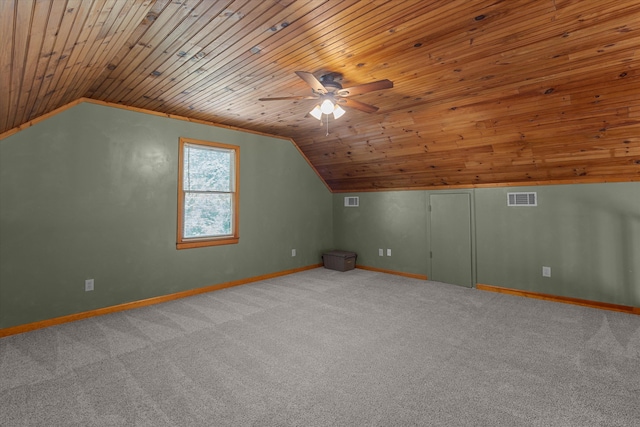 bonus room featuring lofted ceiling, baseboards, a ceiling fan, and wooden ceiling