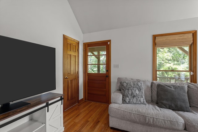 living area featuring wood finished floors, high vaulted ceiling, and a healthy amount of sunlight
