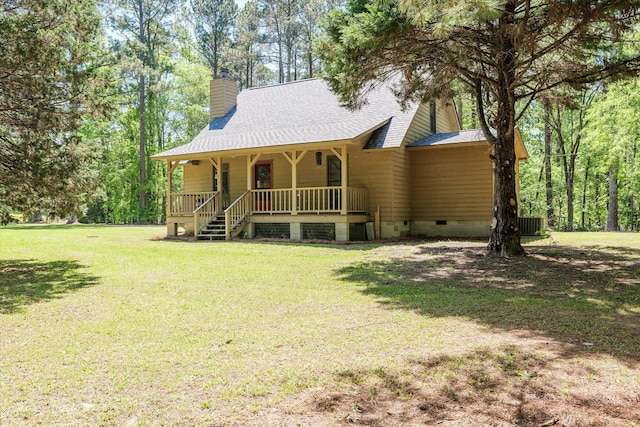 view of front of house featuring crawl space, a chimney, a front lawn, a porch, and roof with shingles