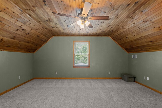 bonus room featuring wood ceiling, carpet floors, lofted ceiling, and visible vents