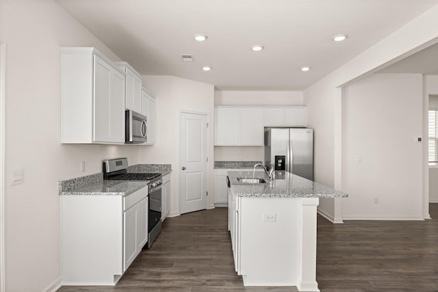 kitchen with a sink, visible vents, appliances with stainless steel finishes, and white cabinets