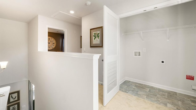 washroom featuring baseboards, attic access, laundry area, hookup for a washing machine, and hookup for an electric dryer