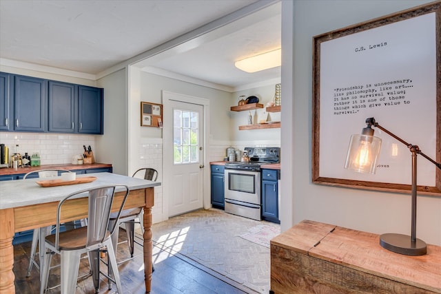 1703 Marion Ave, North Augusta, SC 29841 - kitchen with stainless steel electric stove, blue cabinets, light wood-type flooring, backsplash, and crown molding