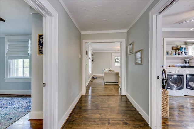 1703 Marion Ave, North Augusta, SC 29841 - corridor with washing machine and dryer, dark wood-type flooring, and ornamental molding