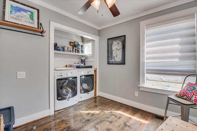 1703 Marion Ave, North Augusta, SC 29841 - washroom with ceiling fan, dark wood finished floors, washing machine and dryer, and ornamental molding