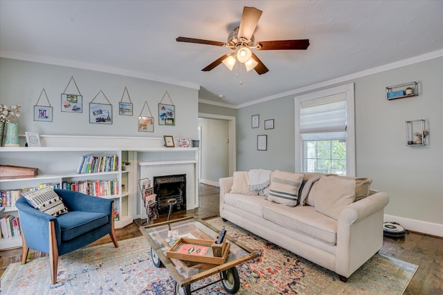 1703 Marion Ave, North Augusta, SC 29841 - living room featuring ceiling fan, wood finished floors, a brick fireplace, and ornamental molding