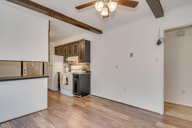 3554 Gardenbrook Dr, Augusta, GA 30906 - kitchen with white appliances, under cabinet range hood, ceiling fan, beamed ceiling, and light wood-style floors