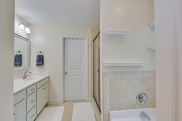 1548 Driftwood Ln, Grovetown, GA 30813 - bathroom with vanity, tiled shower, a garden tub, and tile patterned flooring