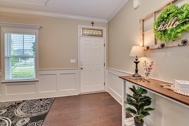 1548 Driftwood Ln, Grovetown, GA 30813 - foyer entrance featuring ornamental molding, dark wood-type flooring, wainscoting, and a decorative wall