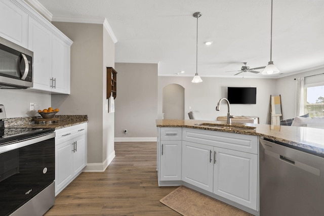 kitchen with a ceiling fan, crown molding, a sink, stainless steel appliances, and white cabinetry