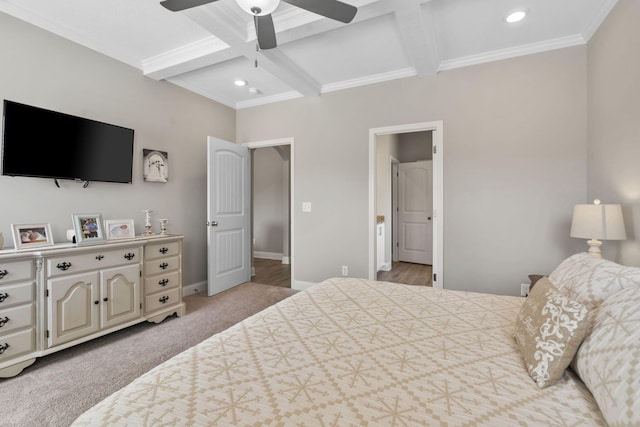 bedroom featuring ornamental molding, beam ceiling, light carpet, baseboards, and coffered ceiling
