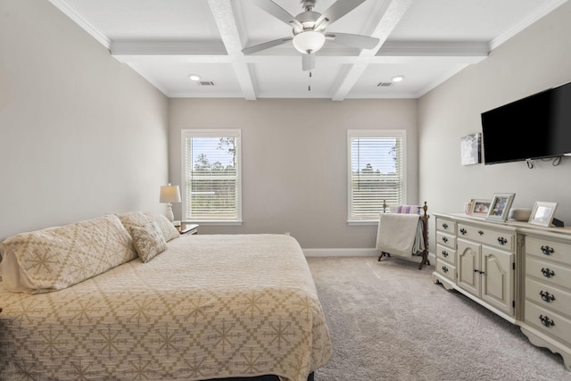 bedroom featuring light carpet, baseboards, beamed ceiling, visible vents, and coffered ceiling