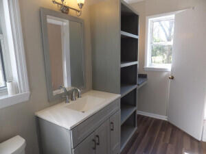 bathroom with hardwood / wood-style flooring, vanity, and toilet