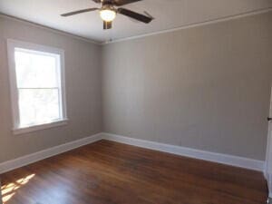 unfurnished room featuring dark hardwood / wood-style floors, a wealth of natural light, crown molding, and ceiling fan