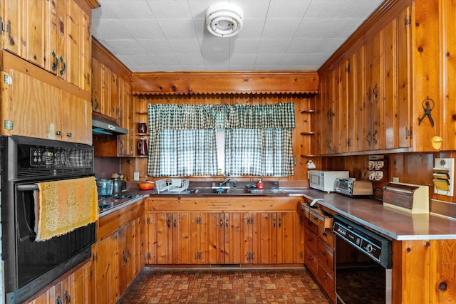 kitchen with sink, wooden walls, and black appliances