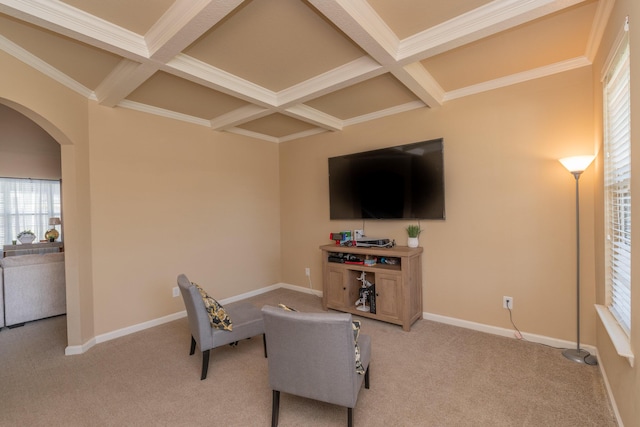 6003 Reynolds Cir, Grovetown, GA 30813 - sitting room featuring coffered ceiling, arched walkways, light colored carpet, and baseboards