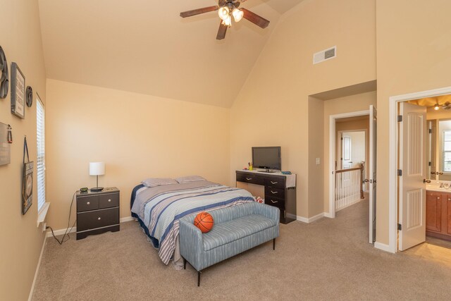 6003 Reynolds Cir, Grovetown, GA 30813 - bedroom featuring ceiling fan, high vaulted ceiling, light colored carpet, visible vents, and baseboards