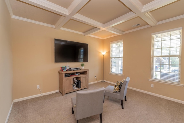 6003 Reynolds Cir, Grovetown, GA 30813 - living area featuring light carpet, baseboards, beam ceiling, and coffered ceiling