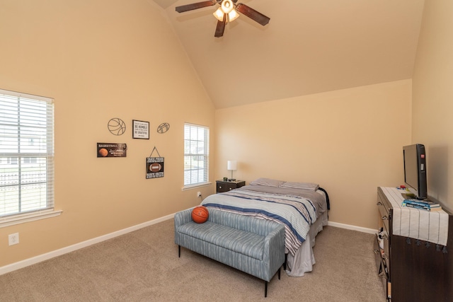 6003 Reynolds Cir, Grovetown, GA 30813 - carpeted bedroom featuring high vaulted ceiling, visible vents, baseboards, and a ceiling fan