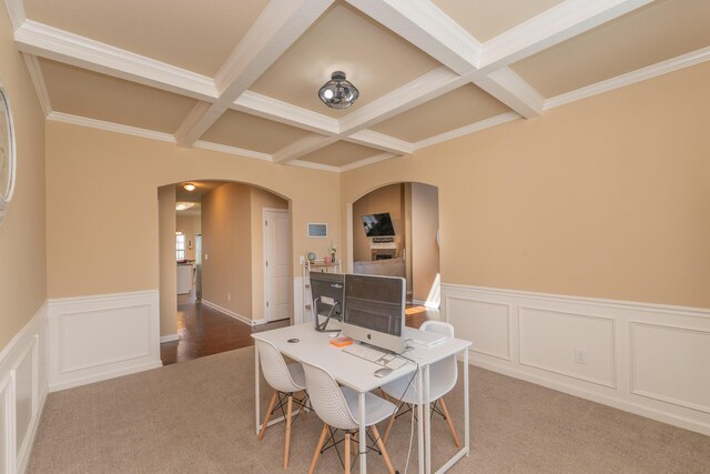 6003 Reynolds Cir, Grovetown, GA 30813 - home office with arched walkways, beamed ceiling, and light carpet