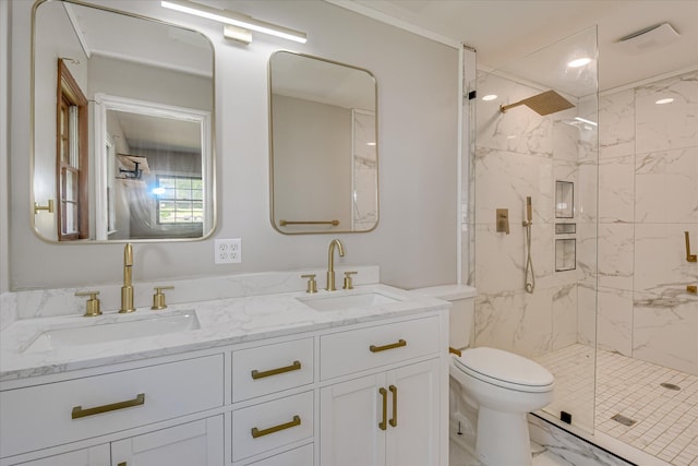 full bath featuring marble finish flooring, a marble finish shower, toilet, and double vanity