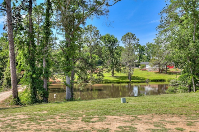 view of grassy yard featuring a water view