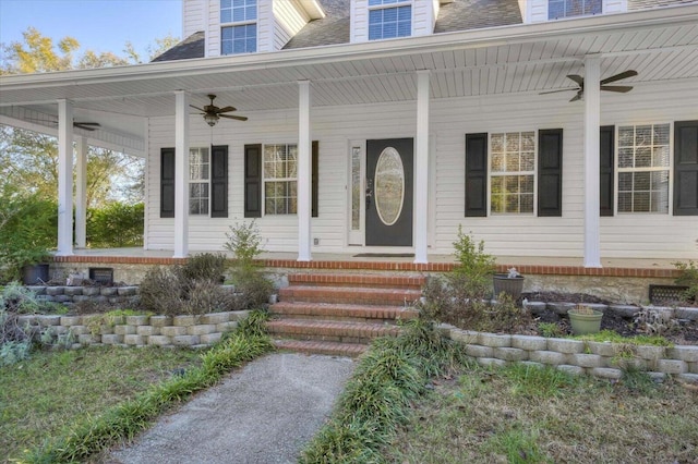 property entrance with a porch and ceiling fan