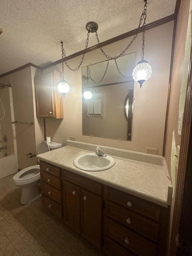 full bathroom featuring a textured ceiling, vanity, shower / bath combination, and toilet