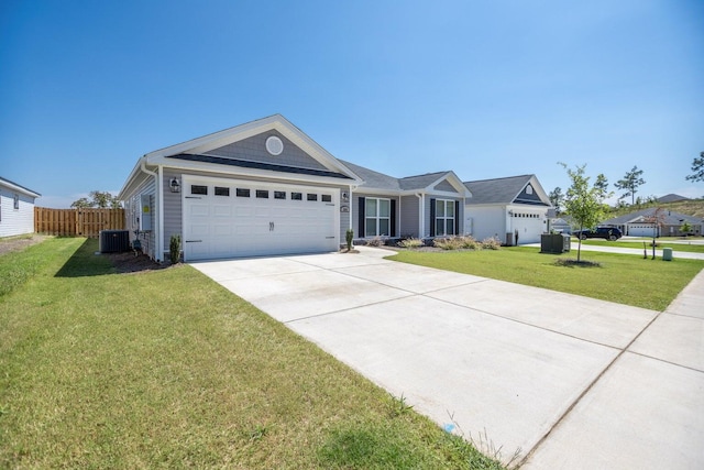 ranch-style home with a front yard, a garage, and central air condition unit