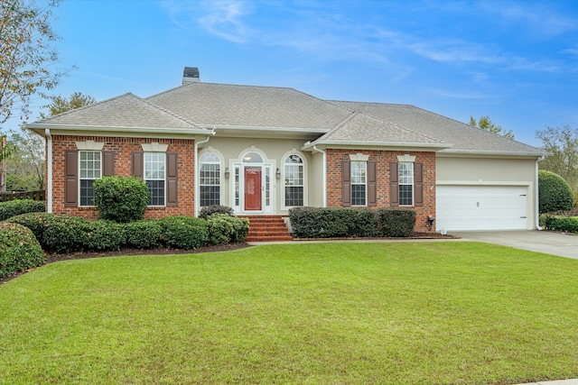 ranch-style house with a garage and a front lawn