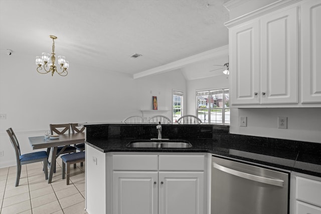 2532 Grier Cir, Evans, GA 30809 - kitchen featuring dishwasher, a sink, light tile patterned flooring, white cabinets, and crown molding