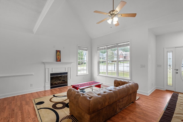 2532 Grier Cir, Evans, GA 30809 - living room featuring high vaulted ceiling, wood finished floors, a glass covered fireplace, ceiling fan, and baseboards