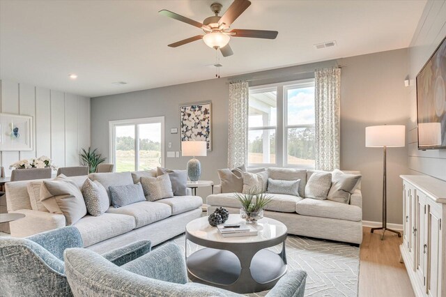 188 Scruple Way, North Augusta, SC 29860 - living room with a ceiling fan, visible vents, baseboards, light wood finished floors, and recessed lighting
