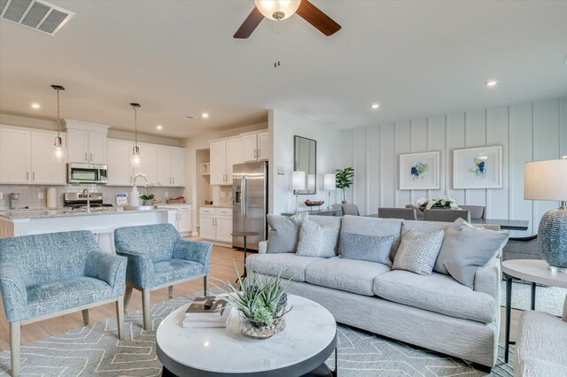 188 Scruple Way, North Augusta, SC 29860 - living room featuring recessed lighting, ceiling fan, visible vents, and light wood-style floors