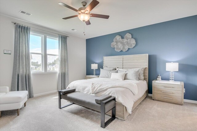 188 Scruple Way, North Augusta, SC 29860 - bedroom with baseboards, light colored carpet, ceiling fan, and visible vents