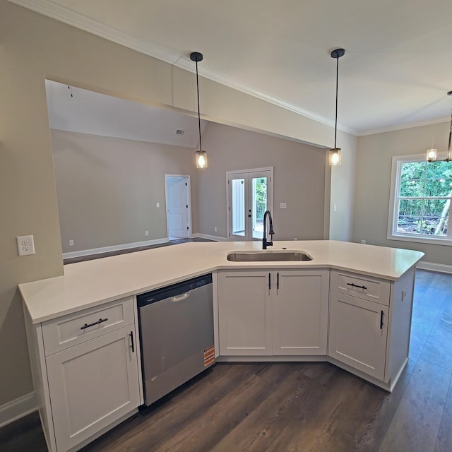556 Hillman St, Warrenville, SC 29851 - kitchen with dishwasher, a sink, ornamental molding, light countertops, and dark wood-style floors