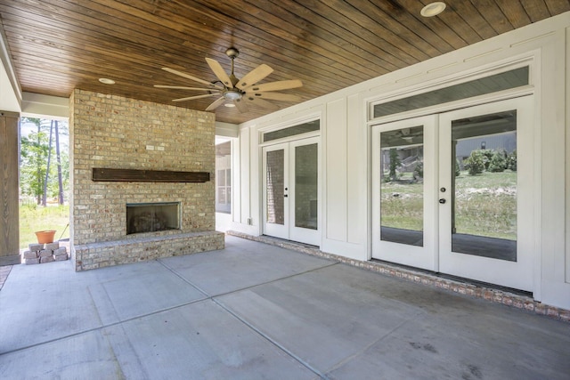 110 Collin Reeds Rd, North Augusta, SC 29860 - view of patio / terrace with french doors, an outdoor brick fireplace, and a ceiling fan