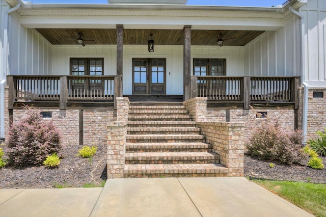 110 Collin Reeds Rd, North Augusta, SC 29860 - doorway to property with ceiling fan, board and batten siding, covered porch, and french doors