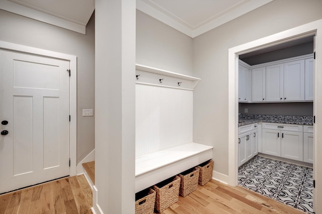 110 Collin Reeds Rd, North Augusta, SC 29860 - mudroom featuring crown molding and light wood-style flooring