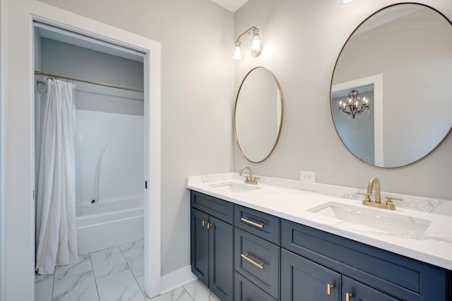 110 Collin Reeds Rd, North Augusta, SC 29860 - bathroom featuring marble finish flooring, double vanity, baseboards, shower / bath combo with shower curtain, and a chandelier