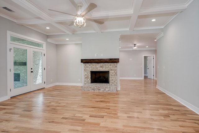 110 Collin Reeds Rd, North Augusta, SC 29860 - unfurnished living room with a ceiling fan, light wood finished floors, coffered ceiling, beamed ceiling, and recessed lighting