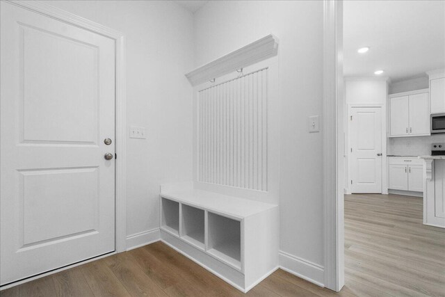 mudroom with light hardwood / wood-style floors