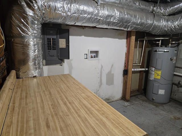 basement featuring electric water heater and electric panel