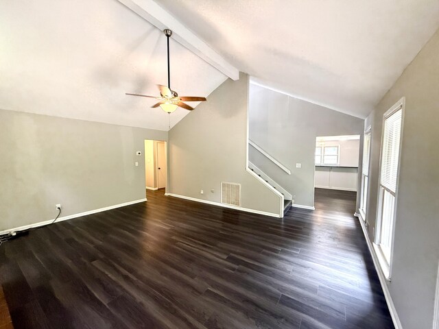 231 Norma Ln, Evans, GA 30809 - unfurnished living room featuring a ceiling fan, dark wood-style floors, stairway, and baseboards